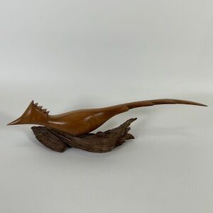 VTG Carved Wood Bird‎ Roadrunner Woodpecker on Driftwood MCM Solid Neutral